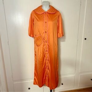 Vintage 60s Orange Eppie Groovy Nylon Quilted Button Up Robe House Dress